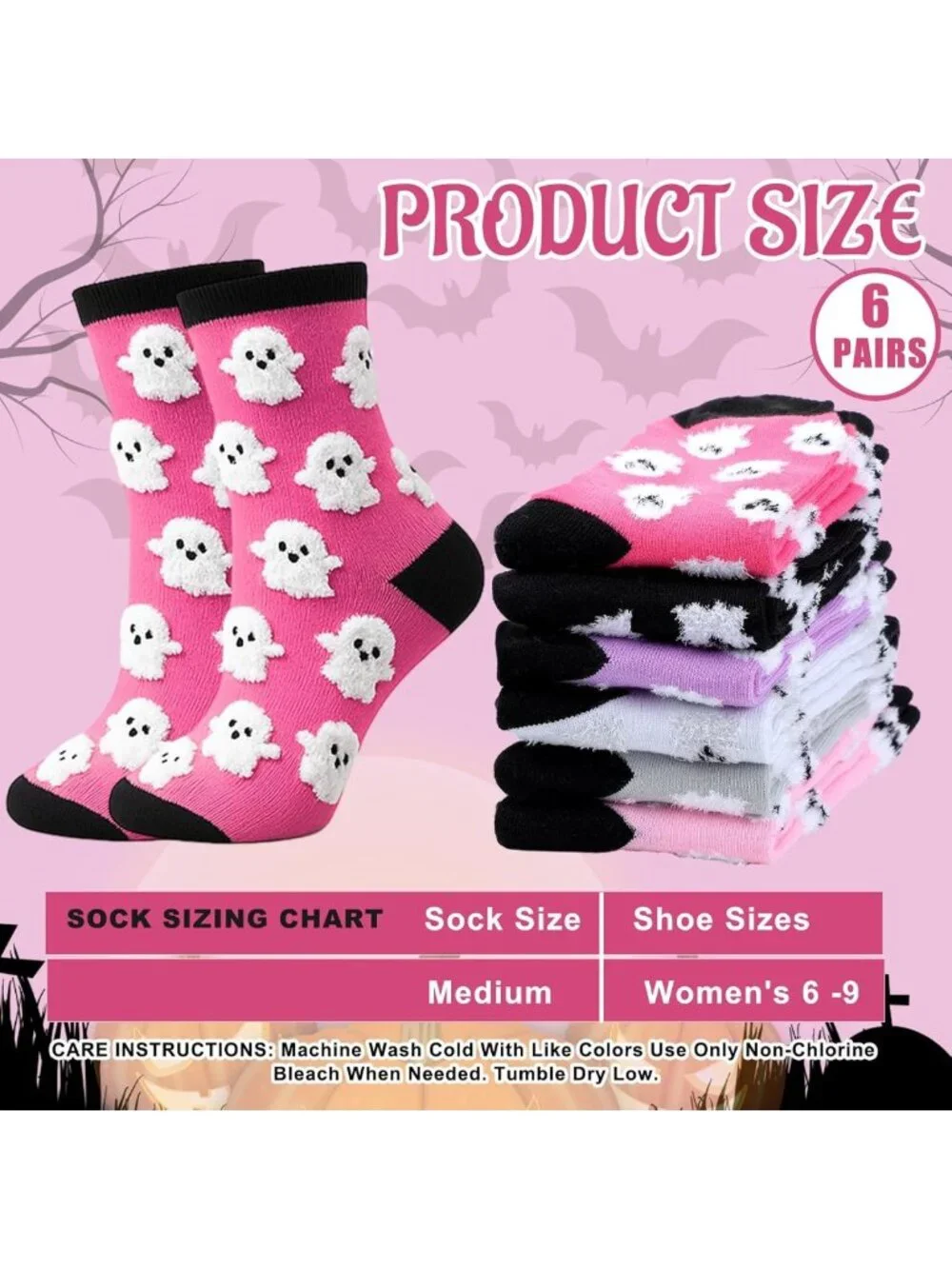 Cute Ghost Halloween Socks for Women - 6 Pairs Fuzzy Cotton Crew, Spooky Fun